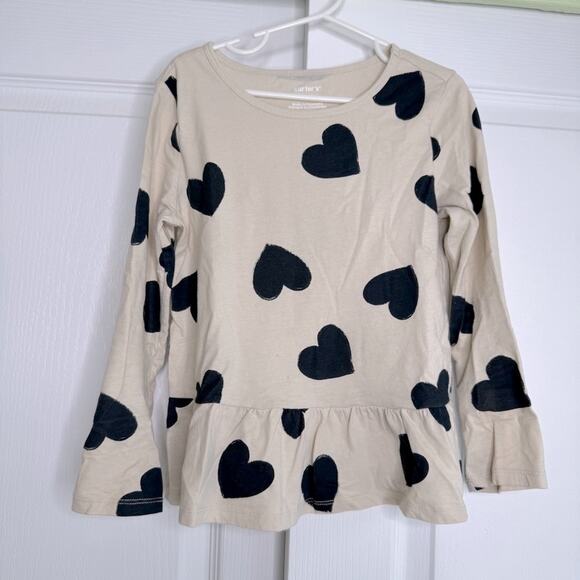 Carters Heart Print Knit Top Long Sleeves Scoop Neck 100% Cotton Beige Black S - Picture 2 of 8